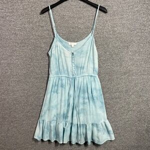 Becool Blue Tie Dye Mini Dress Medium Boho Ruffle Hem Crinkle Rayon